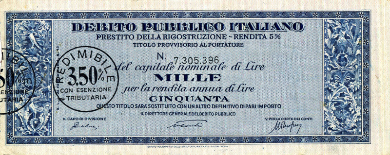 CARTAMONETA - MONETAZIONE D'EMERGENZA - 1.000 Lire 1946-47 R Prestito per la ric...