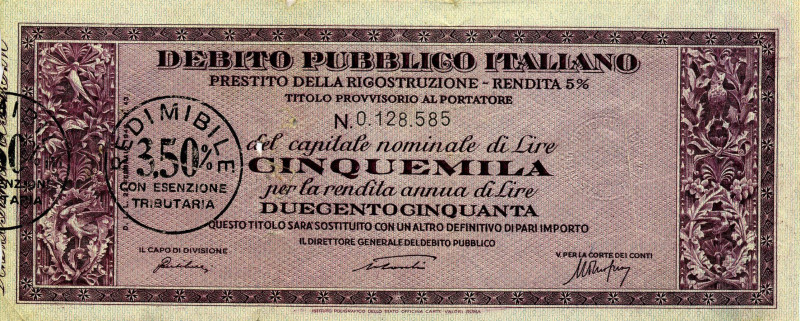 CARTAMONETA - MONETAZIONE D'EMERGENZA - 5.000 Lire 1946-47 R Prestito per la ric...
