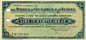 CARTAMONETA - MONETAZIONE D'EMERGENZA - Assegni a taglio fisso nella RSI (21/09/1943-25/04/1945) - 25 Lire 15/01/1945 Gav. 1165 RR Banca d'America e d...