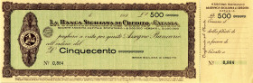 CARTAMONETA - MONETAZIONE D'EMERGENZA - Assegni a taglio fisso nella RSI (21/09/1943-25/04/1945) - 500 Lire La Banca Siciliana di Credito, Catania, 19...