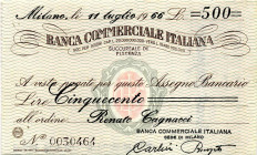CARTAMONETA - MONETAZIONE D'EMERGENZA - Assegni circolari e bancari da L. 500 (1966) Gav. 1216 RR Banca Commerciale Italiana
 Banca Commerciale Itali...