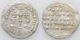 Byzantine Empire. Basil II Bulgaroktonos, with Constantine VIII. 976-1025. AR Miliaresion (24mm, 3.30g). Constantinople mint. ЄҺ TOVTω ҺICAT ЬASILЄI C...