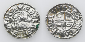 England. Aethelred II 978-1016. AR Penny (20mm, 1.51g, 9h). Crux type (BMC iiia, Hild. C). London mint; moneyer Leofstan. Struck circa 991-997. + ÆÐEL...