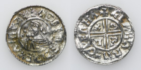 England. Aethelred II 978-1016. AR Penny (20mm, 1.47g, 12h). Crux type (BMC iiia, Hild. C). Wareham mint; moneyer Ælfgar. Struck circa 991-997. + ÆÐEL...