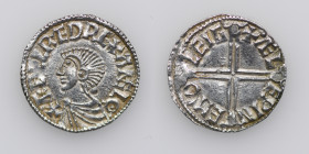 England. Aethelred II 978-1016. AR Penny (20mm, 1.78g, 7h). Long Cross type (BMC IVa, Hild. D). Chester mint; moneyer Æthelwine. Struck circa 997-1003...
