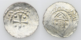 France. Diocese of Metz. Theodoric II. 1004-1046. AR Denar (20mm, 1.24g). [__]+[__]A[__], cross with pellet in each angle / [____]R[__], temple on col...