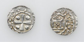Germany. Mainz. Otto III 983-1002. AR Denar (16mm, 0.87g). Mainz mint. [+ OT]OT+[ IMP AVICI], cross with pellets in each angle / [__]OICIA[__], church...