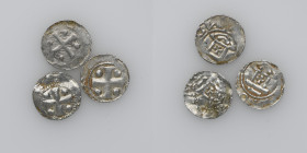 Germany. (Group of three). Mainz. Otto III 983-1002. AR Denar (18mm, 1.36g). Mainz mint.Cross with pellets in each angle / Church facade, cross in cen...