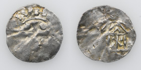 Germany. Mainz. Otto III 983-1002. AR Denar (20mm, 1.03g). Mainz mint. [__] OTTO [__], cross with pellets in each angle / Church facade, cross in cent...