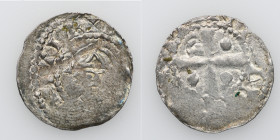 Germany. Saxony. Worms. Heinrich III 1039-1056. AR Denar (19mm, 0.98g). Crowned head facing holding globus cruciger right, crosier left / Cross with p...