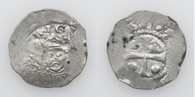 Germany. Saxony. Worms. Heinrich III 1039-1056. AR Denar (19mm, 1.04g). Crowned head facing holding globus cruciger right, crosier left / Cross with p...