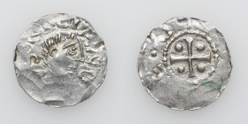 Germany. Franconia. Otto III 983-1002. AR Denar (18mm, 1.12g). Würzburg mint. S KILIAN S, bust of St. Kilian right / OT[TO IMP]E, cross with pellet in...