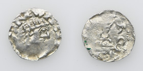 Germany. Swabia. Heinrich II 1002-1024. AR Denar (19mm, 1.53g). Strasbourg mint. Crowned head right / [A]RGE[NTINA], church with cross in the center. ...
