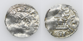 Germany. Swabia. Heinrich II 1002-1024. AR Denar (98mm, 1.32g). Strasbourg mint. Crowned head right / ARGEN8TINA], church with cross in the center. Db...
