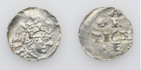 Germany. Swabia. Heinrich II 1002-1024. AR Denar (18mm, 1.35g). Strasbourg mint. HENR[ICVSREX], crowned head right / ARGE[N]-TIGN[A], cross written in...