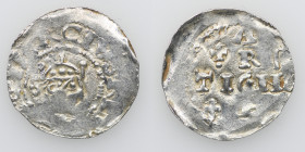 Germany. Swabia. Heinrich II 1002-1024. AR Denar (20mm, 1.34g). Strasbourg mint. [HEN]RCIV[SREX], crowned head right / ARGE[N]-TIGN[A], cross written ...