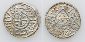 Germany. Duchy of Bavaria. Heinrich IV (II) 1002-1009. AR Denar (20mm, 1.80g). Regensburg mint; moneyer Owni. +HCNTRCERVS cross with three pellets in ...