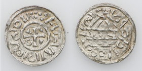 Germany. Duchy of Bavaria. Heinrich IV (II) 1002-1009. AR Denar (20mm, 1.50g). Regensburg mint (?). HCVVICICVSOV, cross with three pellets in one angl...
