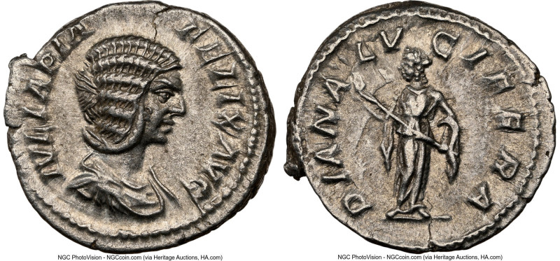 Julia Domna (AD 193-217). AR denarius (18mm, 3.46 gm, 6h). NGC AU 4/5 - 4/5. Rom...