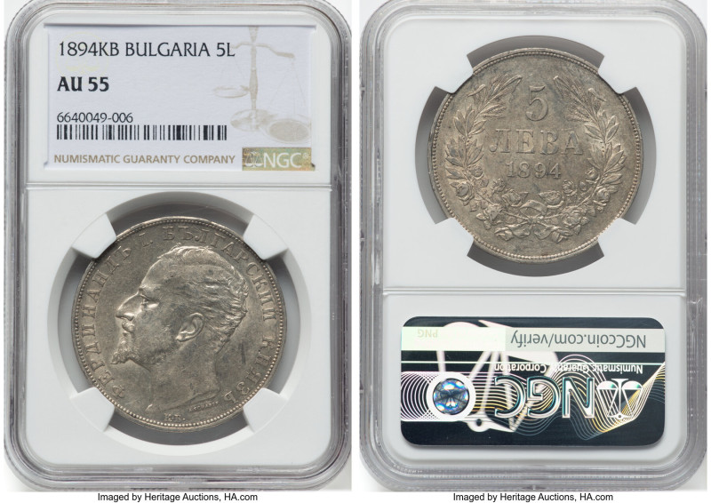 Ferdinand I 5 Leva 1894-KB AU55 NGC, Kremnitz mint, KM18. One year type. HID0980...