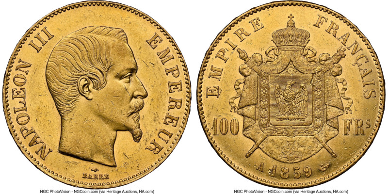 Napoleon III gold 100 Francs 1859-A AU58 NGC, Paris mint, KM786.1. Reflective lu...