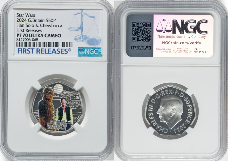 Charles III silver Colorized Proof "Han Solo & Chewbacca" 50 Pence 2024 PR70 Ult...