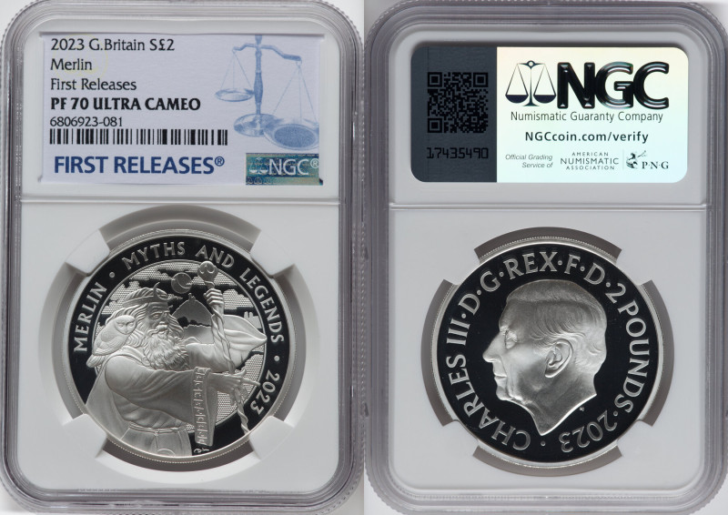 Charles III silver Proof "Merlin" 2 Pounds (1 oz) 2023 PR70 Ultra Cameo NGC, Min...