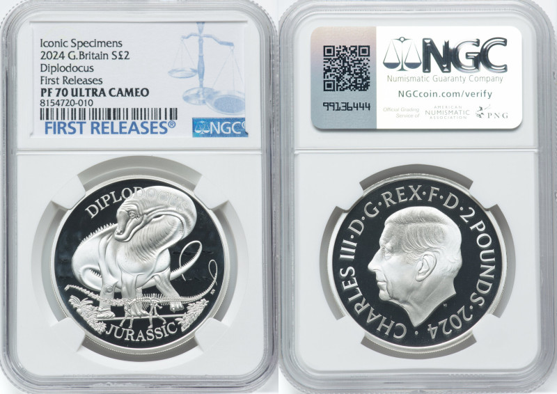 Charles III silver Proof "Diplodocus" 2 Pounds (1 oz) 2024 PR70 Ultra Cameo NGC,...