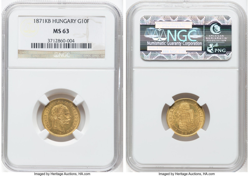 Franz Joseph I gold 4 Forint (10 Francs) 1871-KB MS63 NGC, Kremnitz mint, KM454....