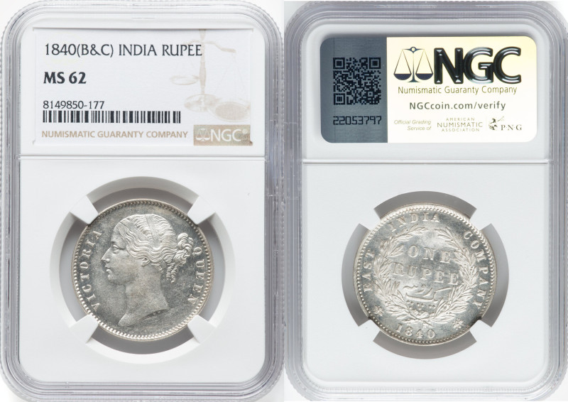 British India. Victoria Pair of Certified Rupees 1840 (b & c) MS62 NGC, Calcutta...