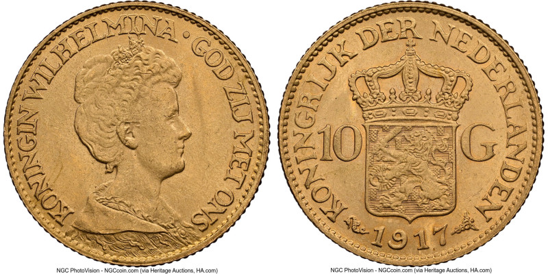 Wilhelmina gold 10 Gulden 1917 MS65 NGC, Utrecht mint, KM149, Fr-349. HID0980124...