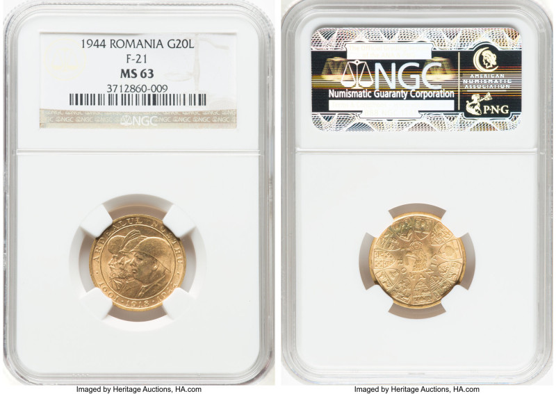 Mihai I gold "Romanian Kings" 20 Lei 1944 MS63 NGC, Bucharest mint, KM-XM13, Fr-...