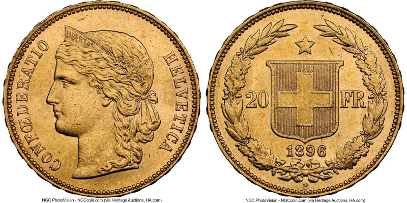 Confederation gold 20 Francs 1896-B MS63 NGC, Bern mint, KM31.3,, Fr-495. 3 Star...