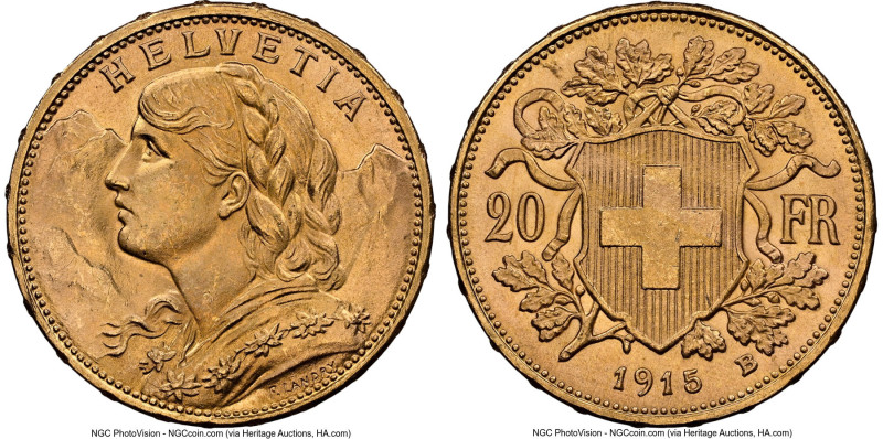 Confederation gold 20 Francs 1915-B MS66 NGC, Bern mint, KM35.1, Fr-499. Highly ...