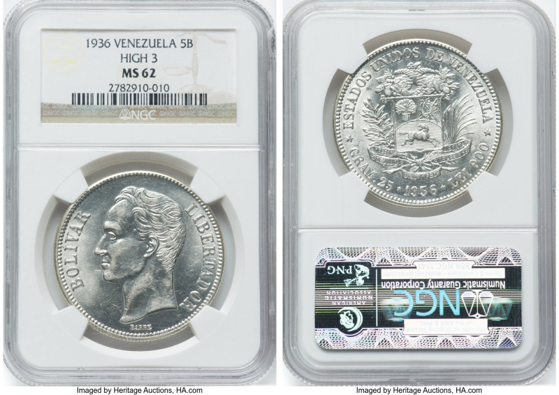 Republic 5 Bolivqres 1936 MS62 NGC, Philadelphia mint, KM-Y24.2. High "3" variet...