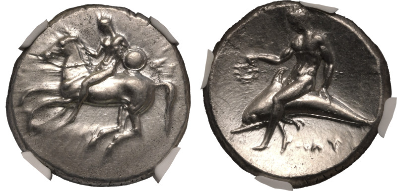 MAGNA GRAECIA. CALABRIA, TARENTUM. 
Silver nomos, circa 302-280 BC. 
Si-, Phil...