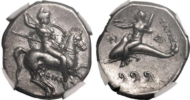 MAGNA GRAECIA. CALABRIA, TARENTUM. 
Silver nomos, circa 290-281 BC. 
Phili- an...