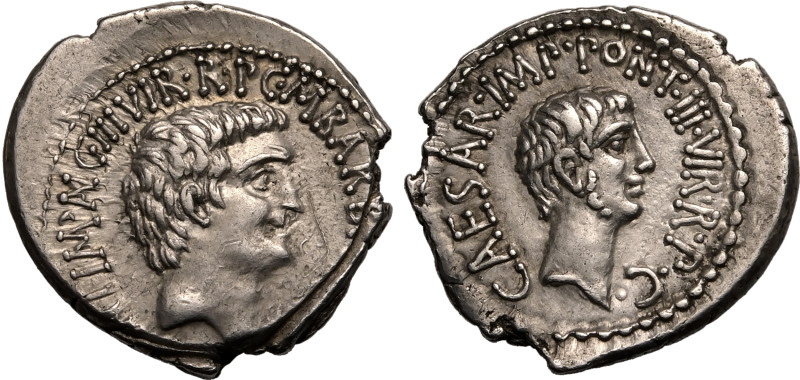 ROMAN REPUBLIC & IMPERATORIAL. Marc Antony & Octavian. 
Silver Denarius, 41 BC....