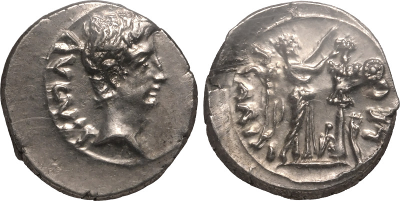 ROMAN EMPIRE. Augustus. 
Silver Quinarius, 25-23 BC. Emerita. 
P. Carisius, le...