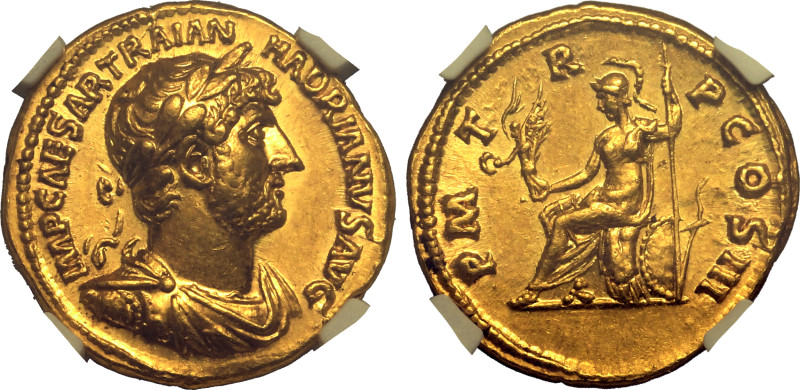 ROMAN EMPIRE. Hadrian. 
Gold Aureus, AD 121-123. Rome. 
Obv: IMP CAESAR TRAIAN...