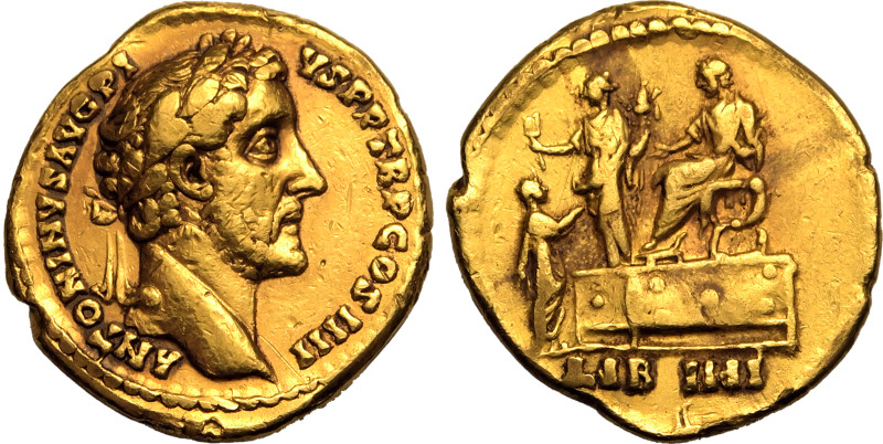 ROMAN EMPIRE. Antoninus Pius. 
Gold Aureus, AD 147. Rome. 
Obv: ANTONINVS AVG ...