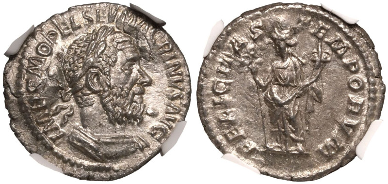 ROMAN EMPIRE. Macrinus. 
Silver Fourr&eacute;e Denarius, AD 217-218. Rome. 
Ob...