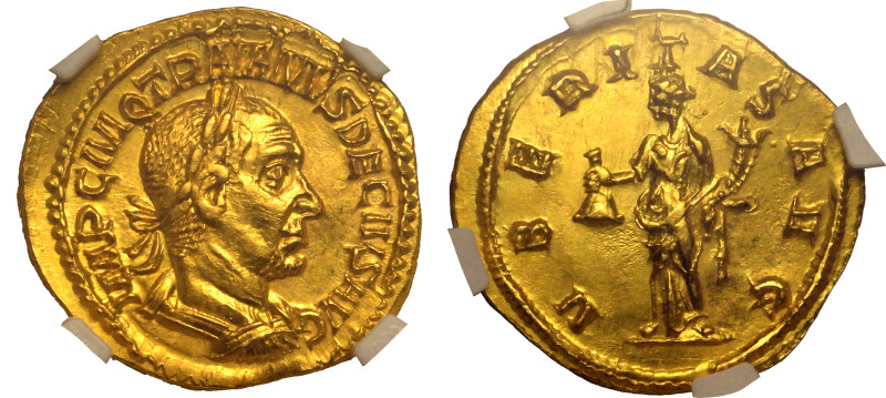 ROMAN EMPIRE. Trajan Decius. 
Gold Aureus, AD 250. Rome. 
Obv: IMP C M Q TRAIA...