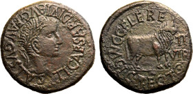 ROMAN PROVINCIAL. HISPANIA, CALAGURRIS. Tiberius. 
Bronze As, AD 14-37. 
C. Celer and C. Rectus, duoviri. Obv: TI CAESAR DIVI AVG F AVGVSTVS, laurea...