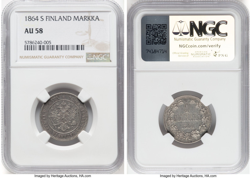 Russian Duchy. Alexander II Markka 1864-S AU58 NGC, Helsinki mint, KM3.1. A wond...