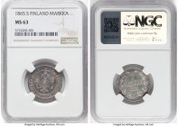 Russian Duchy. Alexander II Markka 1865-S MS63 NGC, Helsinki mint, KM3.1. A pleasing representative of these second-year issue relaying a gentle laven...