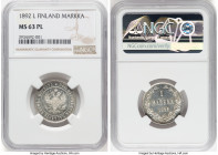 Russian Duchy. Nicholas II Markka 1892-L MS63 Prooflike NGC, Helsinki mint, KM3.2. The finest of just two bestowed a Prooflike designation. HID0980124...
