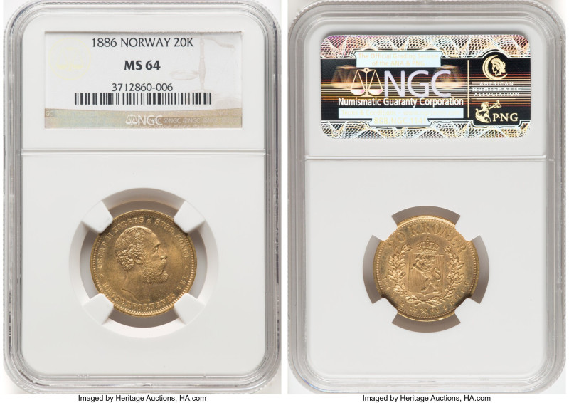 Oscar II gold 20 Kroner 1886 MS64 NGC, Kongsberg mint, KM355. HID09801242017 © 2...