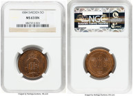 Oscar II 5 Ore 1884 MS63 Brown NGC, KM736. Featuring a natural lightly streaked patina against shimmering underlying luster. Only barely detectable mi...