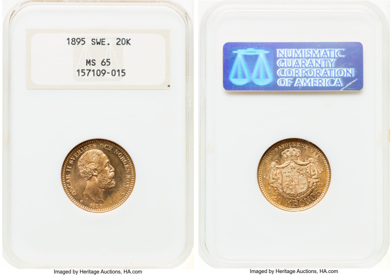 Oscar II gold 20 Kronor 1895-EB MS65 NGC, Stockholm mint, KM748, Fr-93a. HID0980...